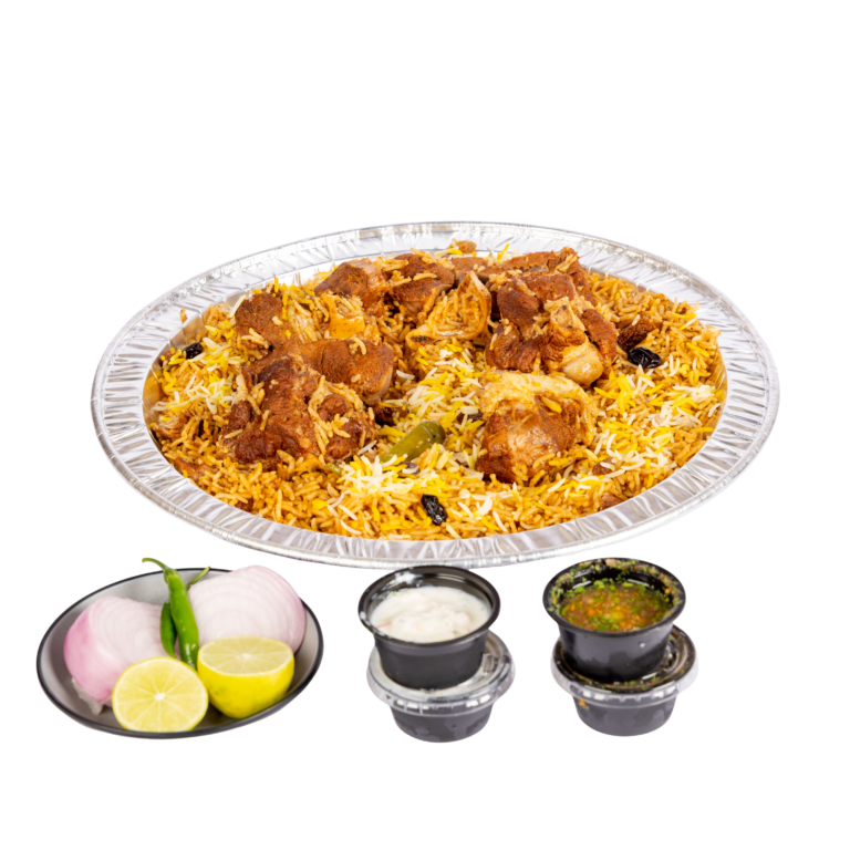 طبق كابلي لحم سواكني طازج مع الأرز الملون والمكسرات من مطاعم بن واصل بجدة.